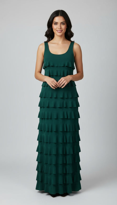 Long Ruffle Maxi Solid color Dress Sleeveless -D211